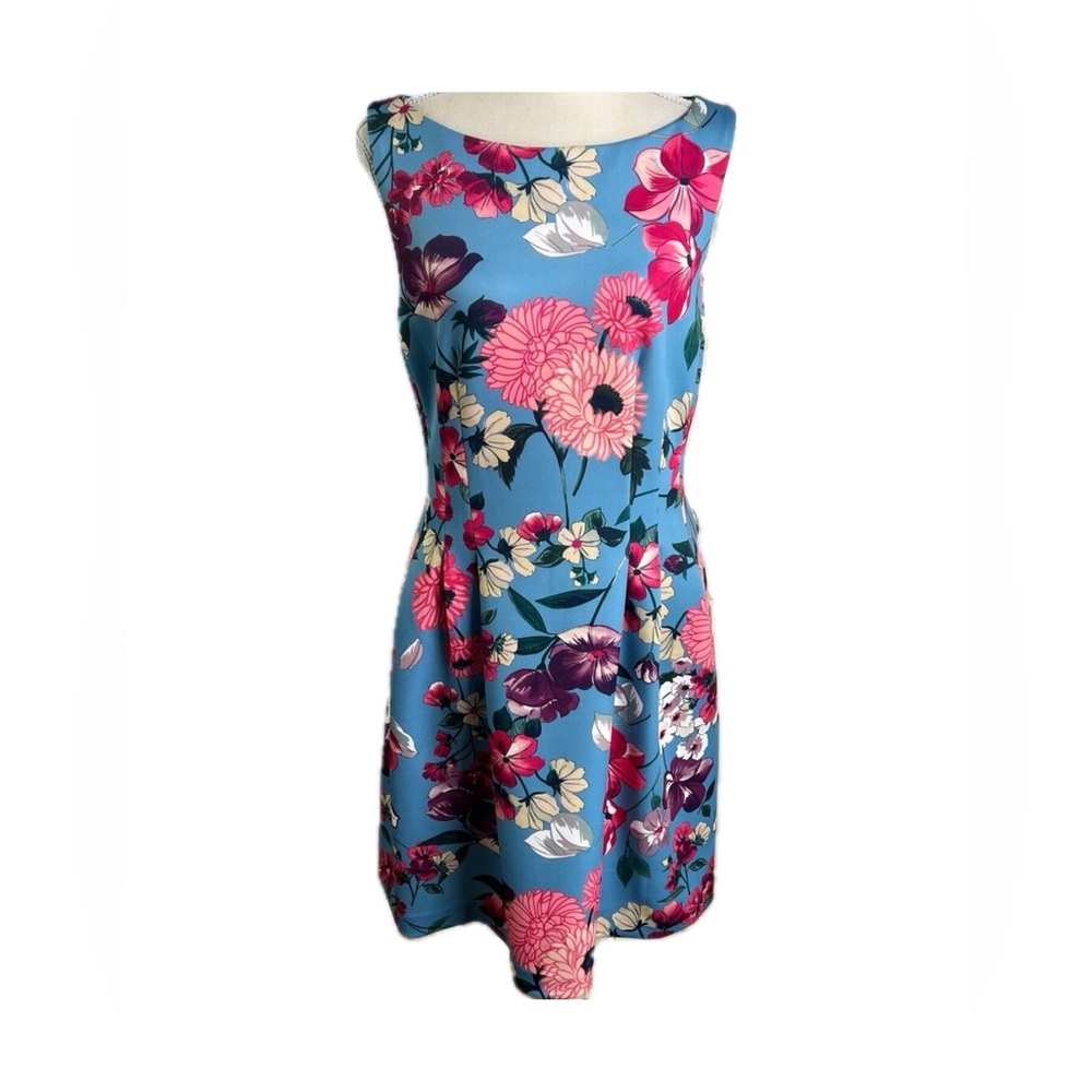 Vince Camuto Floral Print Fit Flare Scuba Cocktail Dress Sleeveless Blue Pink 6